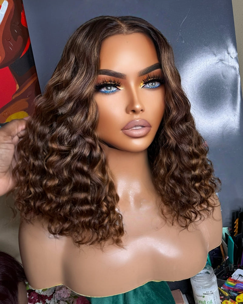 Ombre Highlight Wavy Bob Wig 250% Preplucked Human Hair Lace Front Wigs