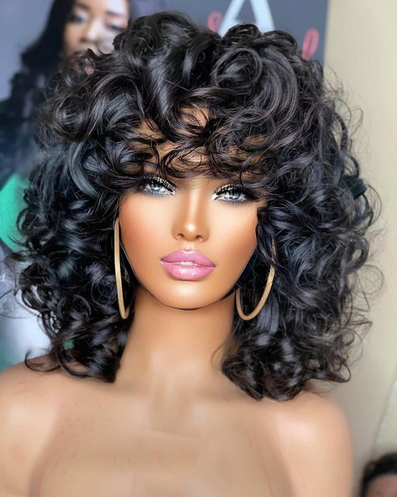 Full Machine Made Bouncy Wave Human Hair Wig with Bang