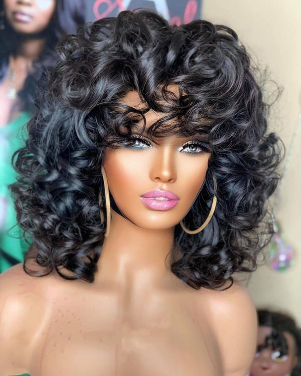 Full Machine Made Bouncy Wave Human Hair Wig with Bang