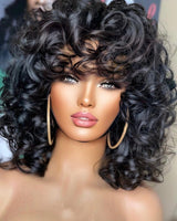 Full Machine Made Bouncy Wave Human Hair Wig with Bang