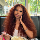 {Endofyear Clearance} 13x6 Full Hair Transparent Lace Human Hair 250% Frontal Wig Auburn Water Wave Reddish Brown