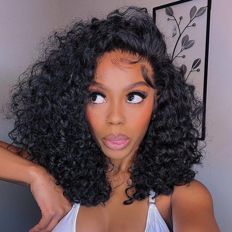 CLEARANCE Full Lace Fake Scalp Free Parting Preplucked Human Hair Deep Curly Bob Wig
