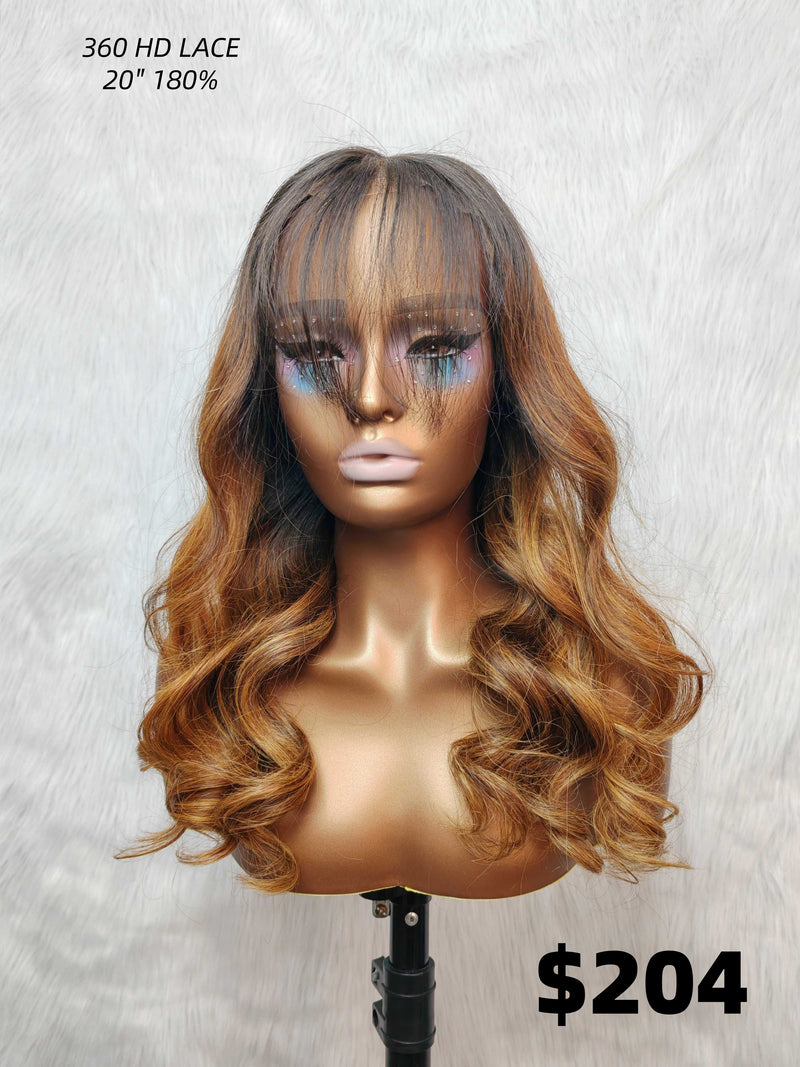 {LAST-PIECE-CLEARANCE} 360 Skin Melt Lace 4X Invisible Strap Human Hair Front Wig Highlight with Bang