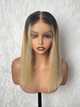 {LAST-PIECE-CLEARANCE} 9x6 Ombre Blonde Fitted Skin Melt Lace Straight Bob Drawstring Human Hair Wig