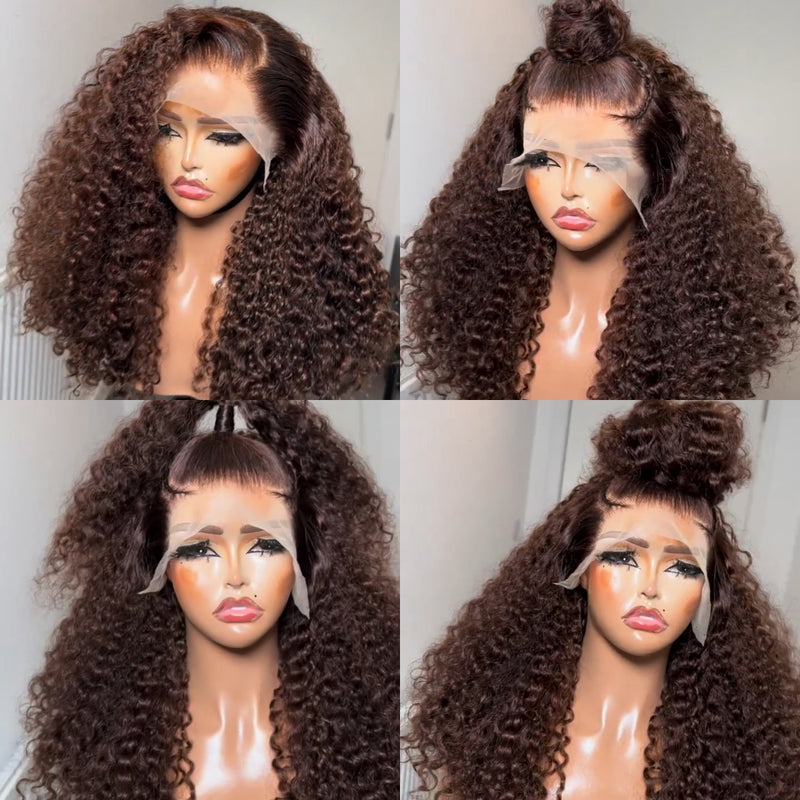 13x6 Full Hair Transparent Lace Human Hair 250% Density Frontal Wig Burmese Curls Brown