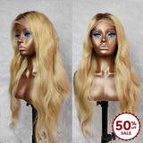 {50% Off} Highlight Blonde Human Hair Natural Wavy Lace Front Wig