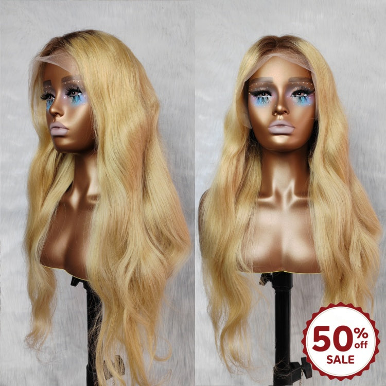 {50% Off} Highlight Blonde Human Hair Natural Wavy Lace Front Wig
