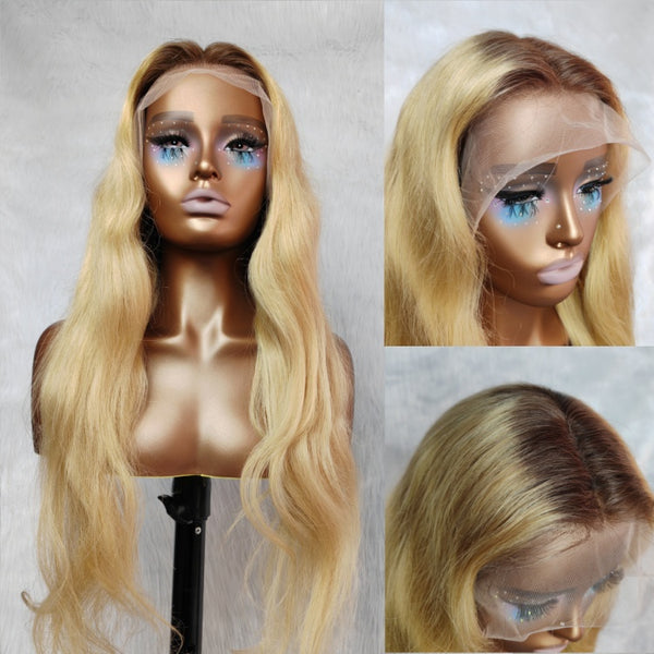 {50% Off} Highlight Blonde Human Hair Natural Wavy Lace Front Wig
