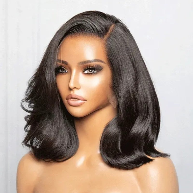 Full Lace Fake Scalp Free Parting Preplucked Human Hair Light Brown Yaki Bob Wig