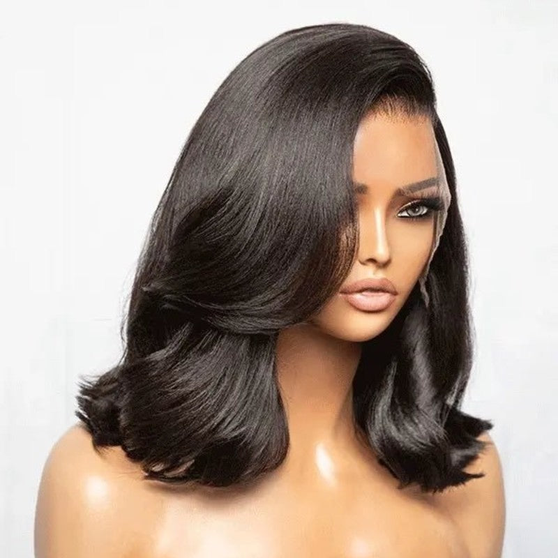 Full Lace Fake Scalp Free Parting Preplucked Human Hair Light Brown Yaki Bob Wig