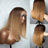 13x6 Knot-Free/9x6 Drawstring Human Hair Honey Mocha Ombre Straight Bob Lace Wig