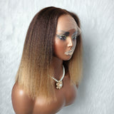 13x6 Skin Melt Lace Fitted Cap Human Hair 250% Ombre Highlight Kinky Straight Bob Wig