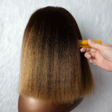 13x6 Skin Melt Lace Fitted Cap Human Hair 250% Ombre Highlight Kinky Straight Bob Wig