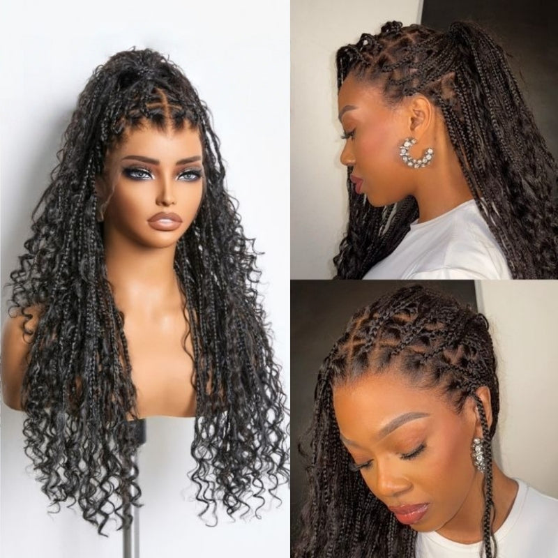 Boho Knotless Braids Box Braided Full Lace Human Hair Blend Invisible Strap Wig