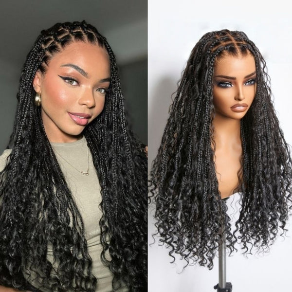 Boho Knotless Braids Box Braided Full Lace Human Hair Blend Invisible Strap Wig