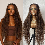 Boho Knotless Braids Box Braided Ombre Brown Full Lace Human Hair Blend Invisible Strap Wig