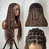 Boho Knotless Braids Box Braided Ombre Brown Full Lace Human Hair Blend Invisible Strap Wig