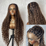 Boho Knotless Braids Box Braided Ombre Brown Full Lace Human Hair Blend Invisible Strap Wig