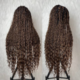 Boho Knotless Braids Box Braided Ombre Brown Full Lace Human Hair Blend Invisible Strap Wig