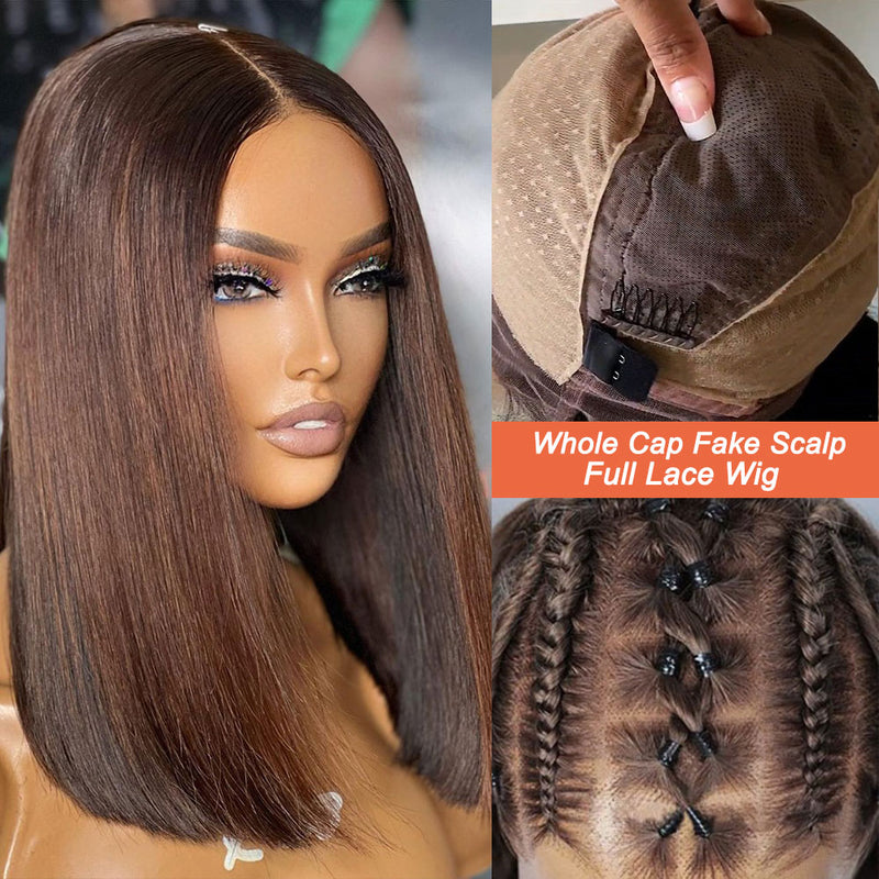 Full Lace Fake Scalp Free Parting Preplucked Human Hair Brown Bob Wig