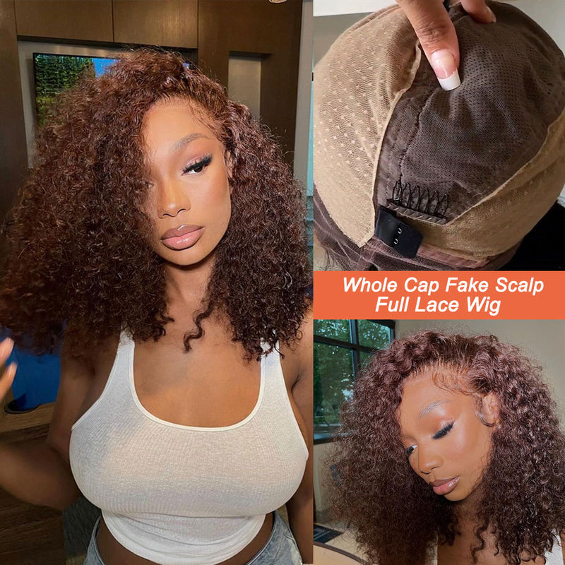 Full Lace Fake Scalp Free Parting Preplucked Human Hair Brown Curly Bob Wig