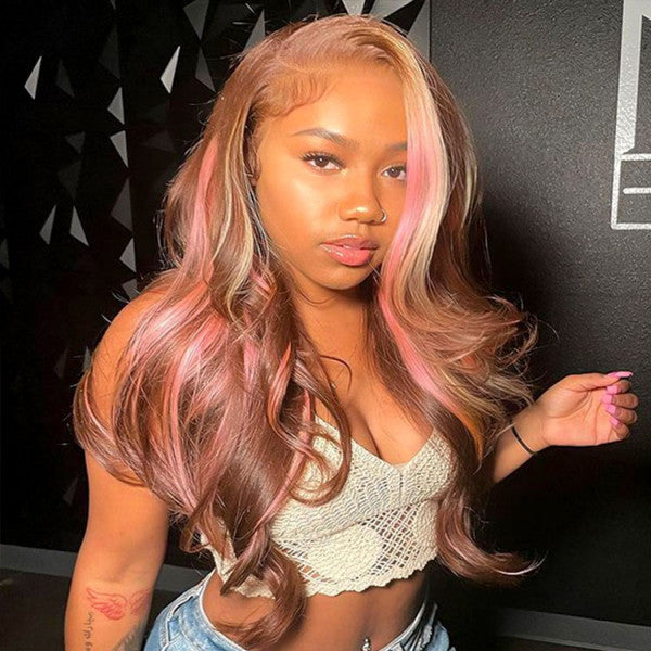 Pink Balayage Brown Highlight Blonde Human Hair Body Wave Lace Front Wig