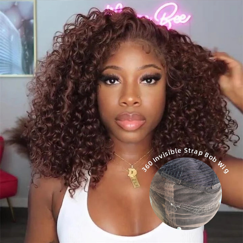 360 Lace Invisible Strap Pre-Cut 250% Density Preplucked Human Hair Bob Wig Brown Curly