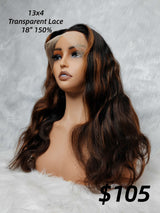 {LAST-PIECE-CLEARANCE} 13x4 Transparent Lace Front Human Hair Brown Highlight Wavy Wig
