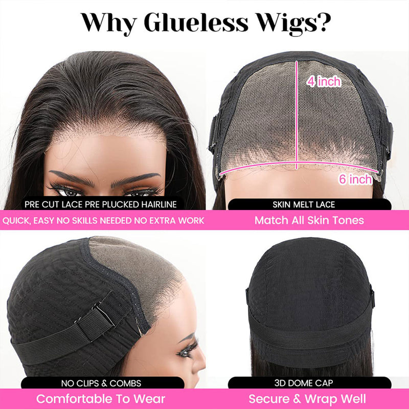 Pre-Cut Lace Glueless 6x4 Skin Melt Swiss Lace Preplucked Human Hair Wear Go Wigs Straight