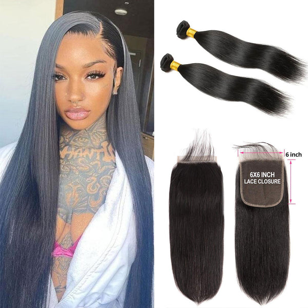 6x6|5x5 Swiss Lace Closure and 2 Bundles Silky Straight Virgin Human Hair Extension