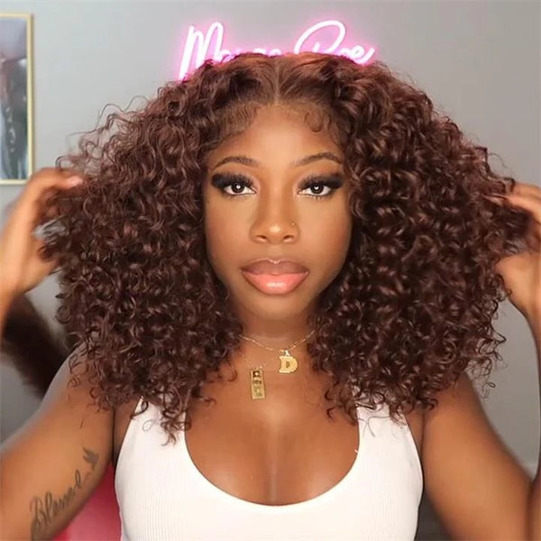 360 Lace Invisible Strap Pre-Cut 250% Density Preplucked Human Hair Bob Wig Brown Curly