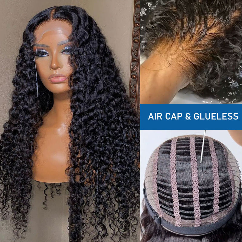 Glueless Air Cap Skin Melt Swiss Lace Preplucked Human Hair Closure Wigs Curly