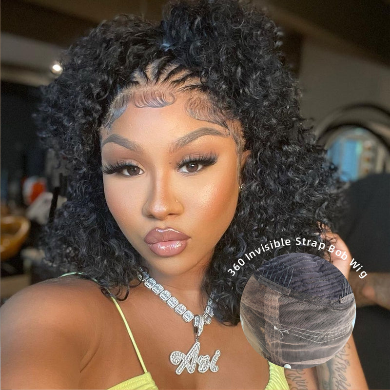 360 Lace Invisible Strap Pre-Cut 250% Density Preplucked Human Hair Bob Wig Curly