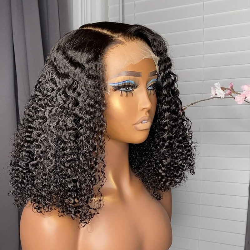 360 Lace Invisible Strap Pre-Cut 250% Density Preplucked Human Hair Bob Wig Curly