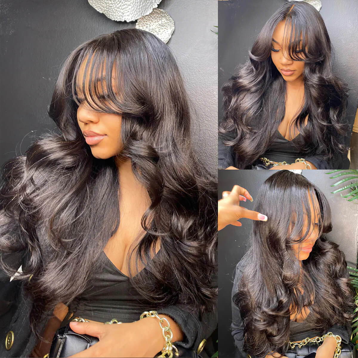 24” 150% Density, 3x4 Lace Frontal Human Hair Wig, Loose Wave with Curtain Bangs Amazon.com : UNICE Pre Everything Curtain Bangs Wig Loose  main image 2