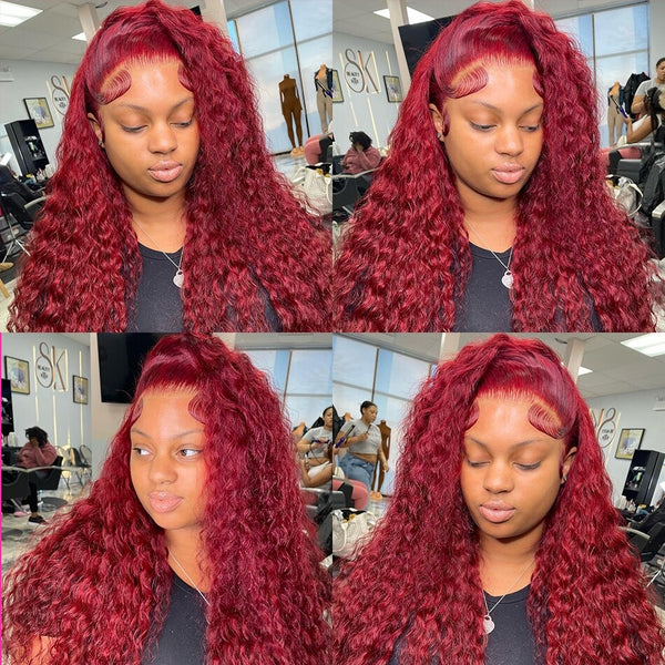 5x5/13x6 Burgundy 99J Pre-Plucked Human Hair Lace Deep Wave Wig