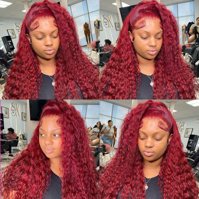 5x5/13x6 Burgundy 99J Pre-Plucked Human Hair Lace Deep Wave Wig