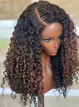 KNOT-FREE - 13x6 Skin Melt Lace Preplucked Human Hair Frontal Ombre Brown Curly Wig