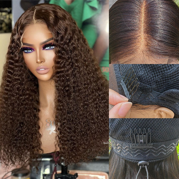 Upgraded Drawstring Dome Cap 3D Fitted Pre-Cut HD Lace Closure Wig Brown Curly Wig