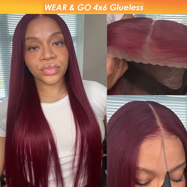 {50% Off} 6x4 Pre Cut Lace 99J Burgundy Glueless Human Hair Closure Wig