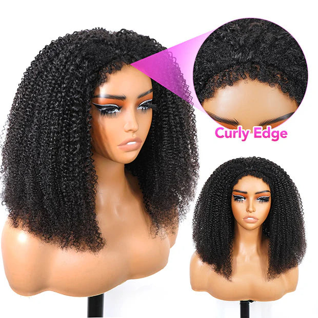 3 in 1 Half Wig with Drawstring Kinky Curly with Curly Edge Glueless Human Hair Wig