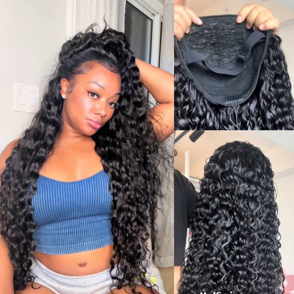 Flip Over Half Wig with Drawstring Water Wave Glueless Human Hair Wig