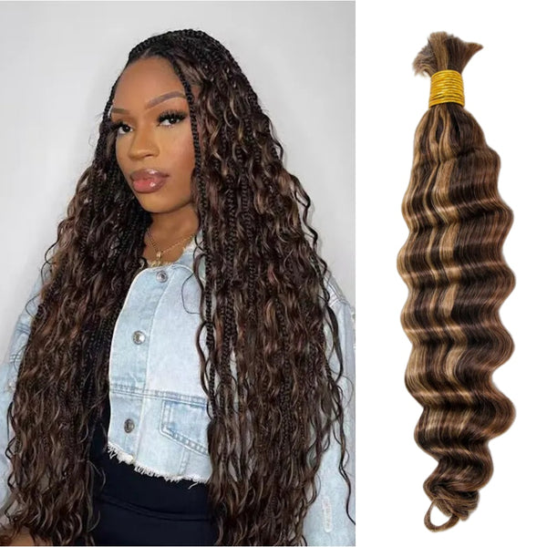Mix Color #4/#27/#30 Bulk Hair Human Hair Extension For Boho Knotless Braiding Deep Wave