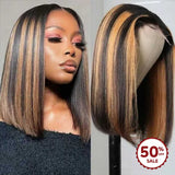 {50% Off US ONLY} 13x4 Transparent Lace Preplucked Human Hair Highlight Bob Lace Front Wig