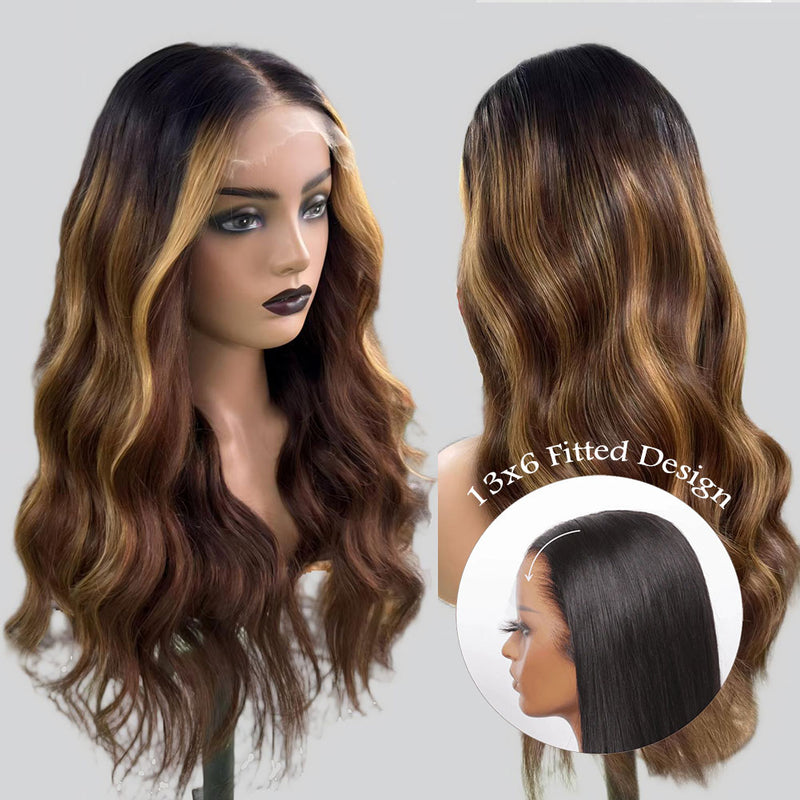 Upgraded Knot-Free 13x6 Fitted Cap Glueless Skin Melt Lace Front Wig Ombre Highlight