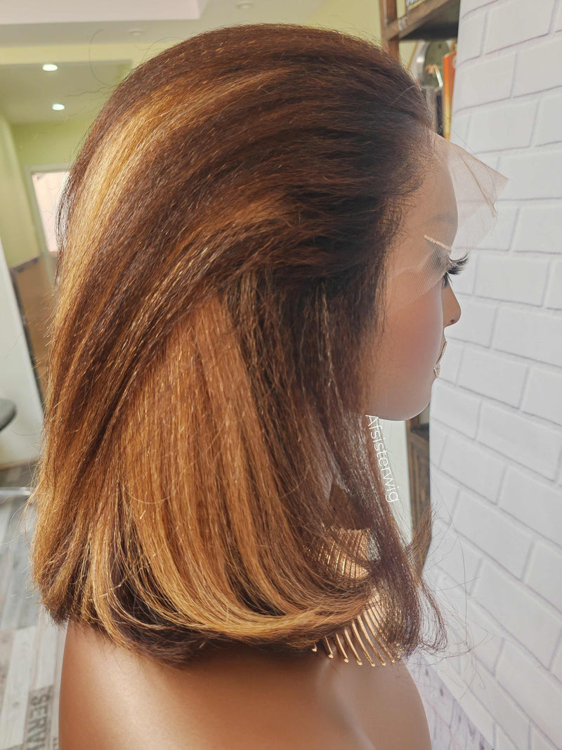 360 Lace Invisible Strap Pre-Cut 250% Density Preplucked Human Hair Highlight Bob Wig Yaki