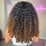 370 Fitted Cap Invisible Strap Skin Melt Lace Frontal Wig Highlight Curly with Coily Ends