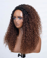 3 in 1 Curly Half Wig with Drawstring Ombre Brown Curly Glueless Human Hair Wig
