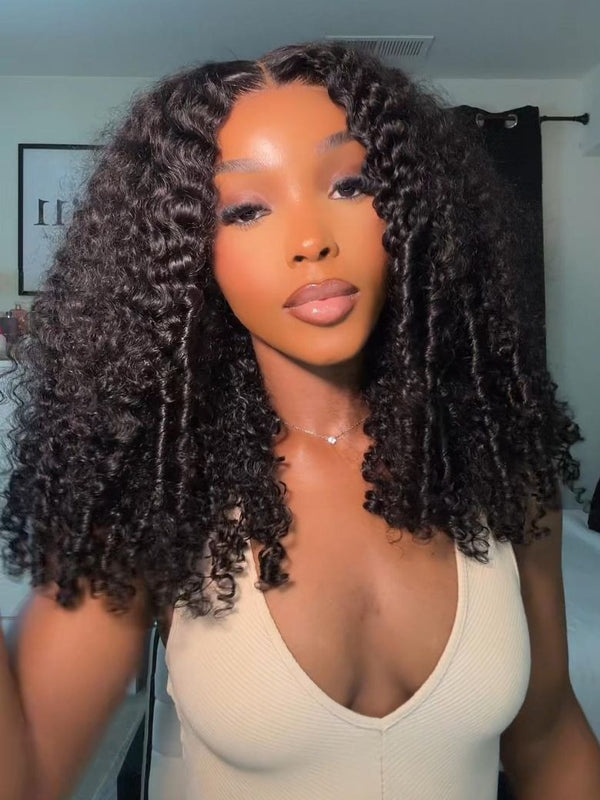 7x5/9x6 Drawstring Curly Hair with Finger Coily Ends Skin Melt Lace Pre-Cut Closure Wig