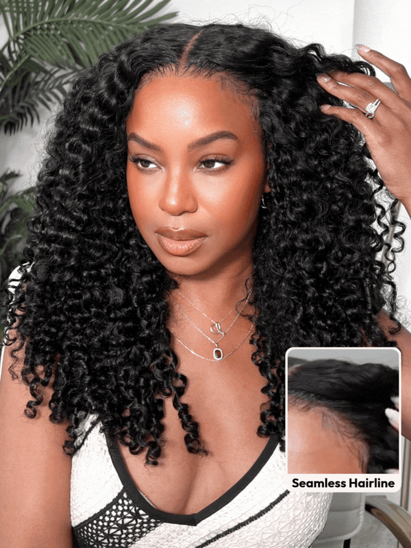 7x5/9x6 Drawstring Curly Hair with Finger Coily Ends Skin Melt Lace Pre-Cut Closure Wig